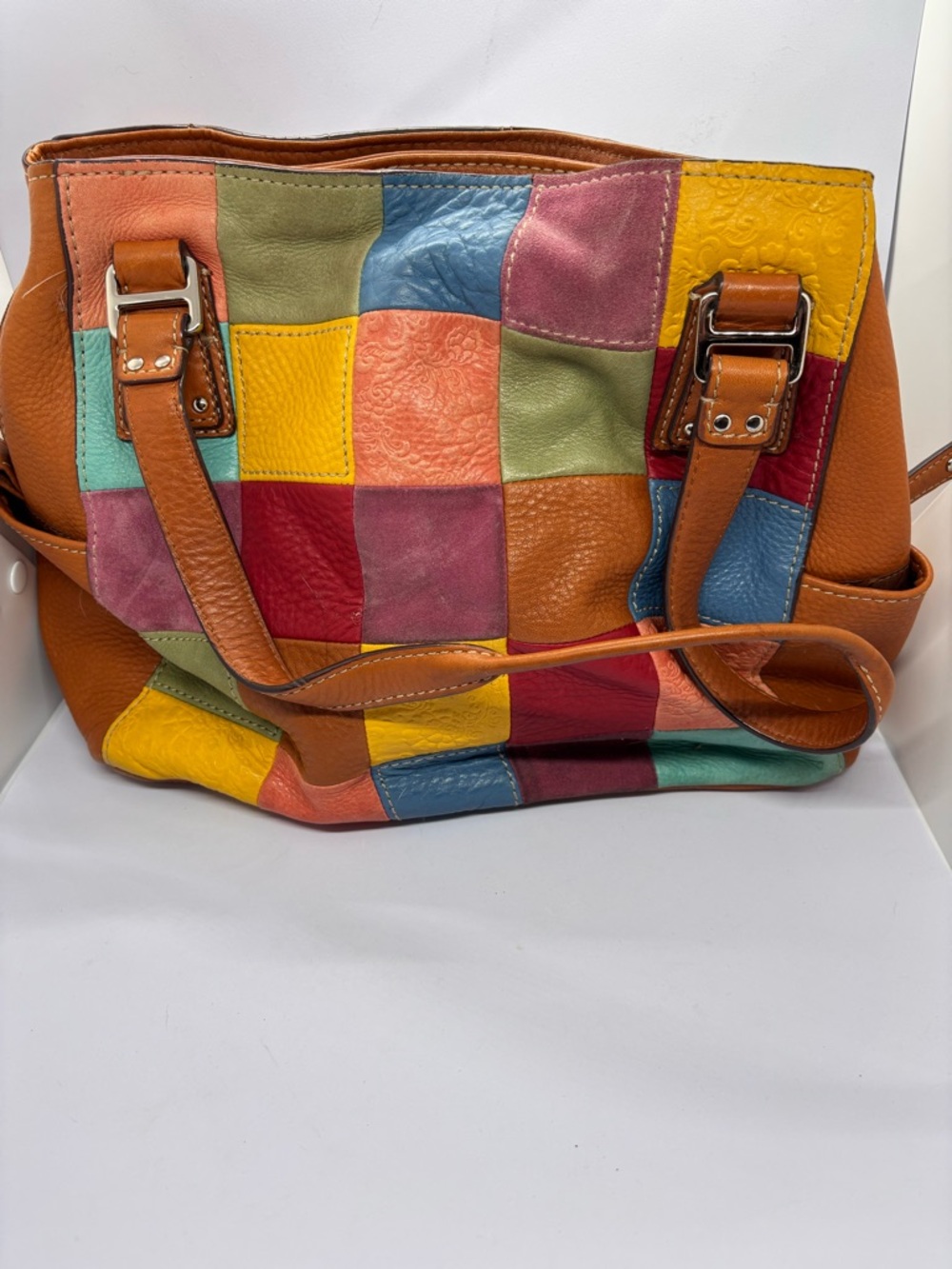 Fossil Multicolor Patchwork Leather Tote Bag - Brown Trim - Picture 3 of 9